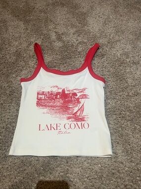 Arizona Jean Company White Tank Top with Red Trim and Lake Como Graphic
